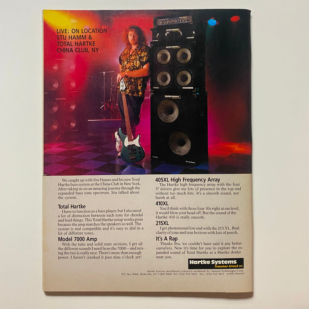 Back cover of Guitar for the Practicing Musician Magazine May 1993 showing an advertisement for music equipment with a performer at an event.