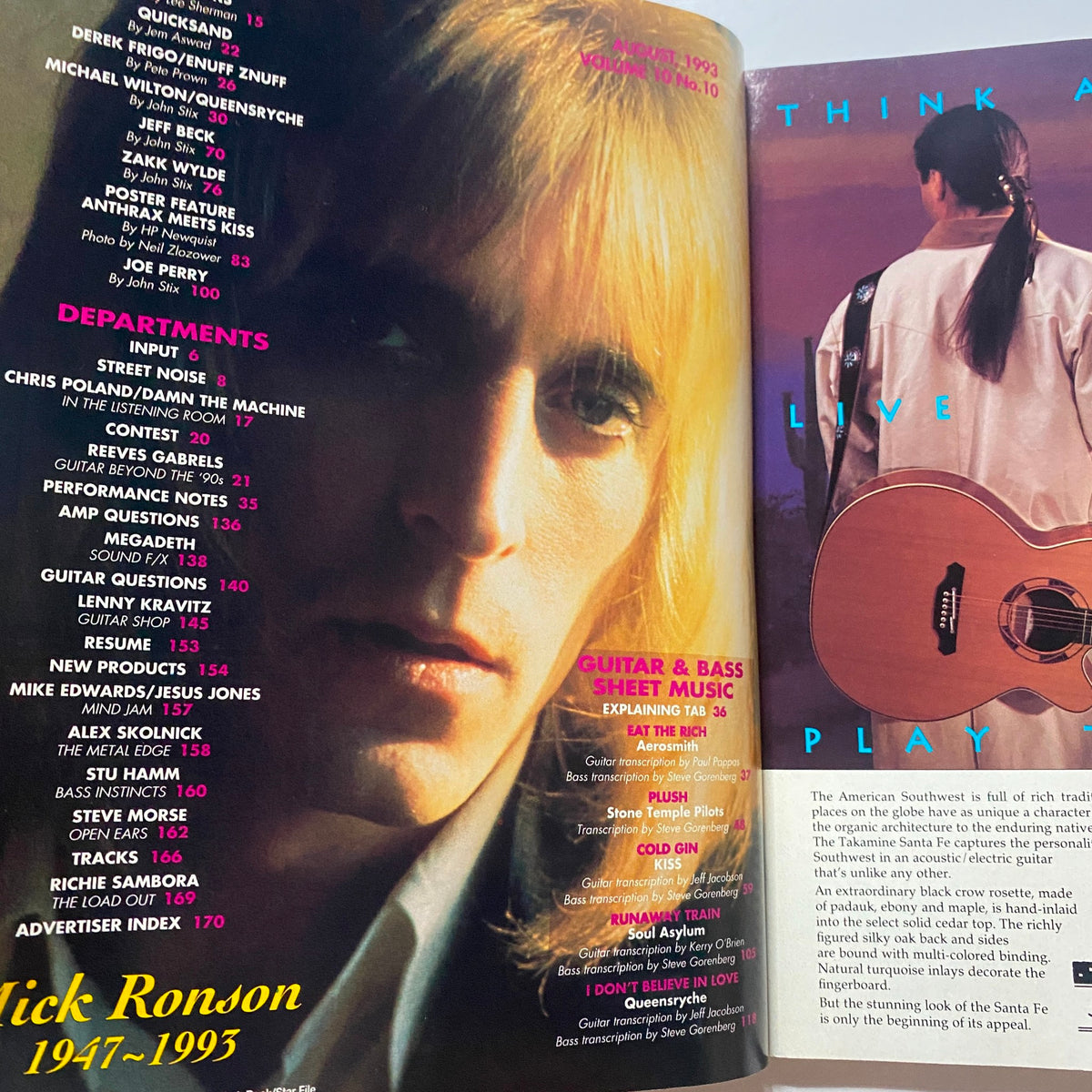 Inside spread from Guitar for the Practicing Musician Magazine August 1993 displaying a tribute to Mick Ronson and music contents.