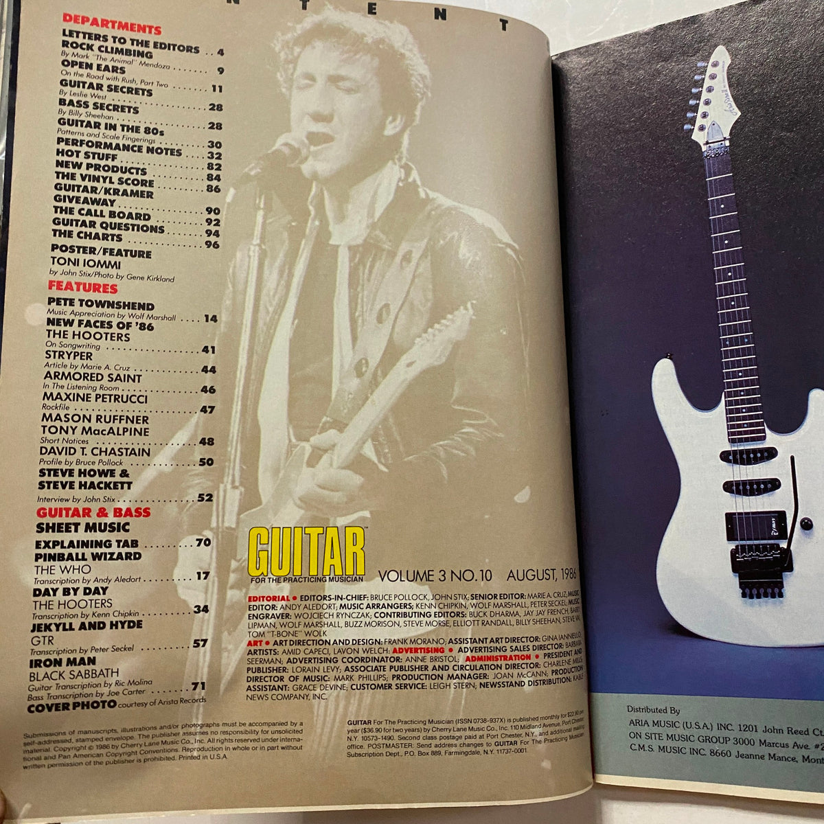 Table of contents page from the August 1986 issue of Guitar for the Practicing Musician, showcasing featured articles including Steve Hackett, Pete Townshend, and exclusive music sheets. Informative layout reflecting the era's music scene.