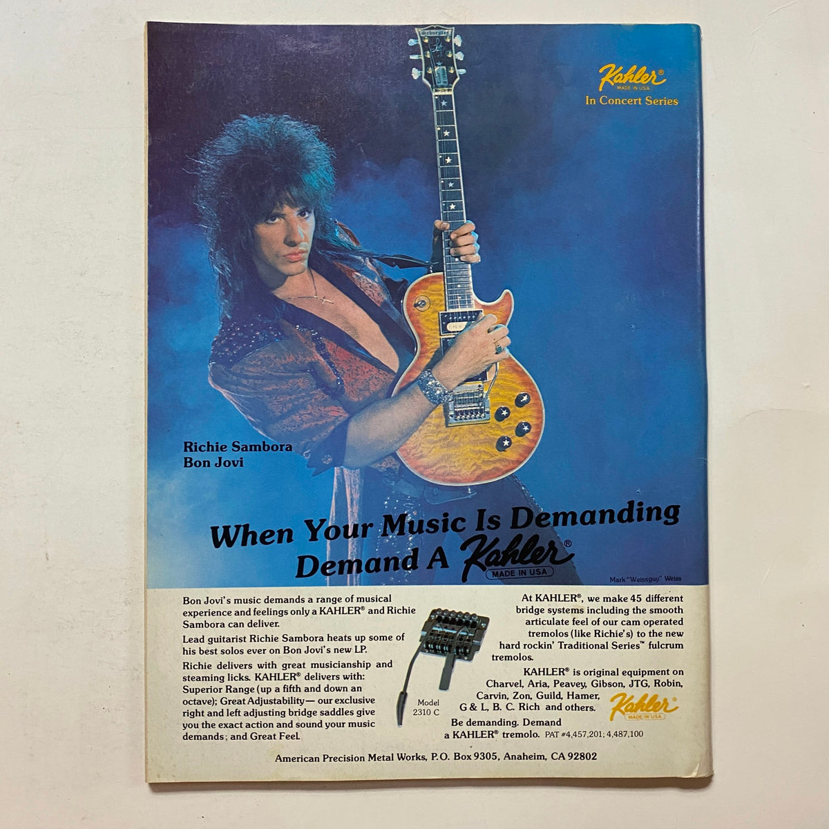 Cover of Guitar for the Practicing Musician Magazine August 1986 featuring Richie Sambora of Bon Jovi, promoting Kahler guitars and showcasing his signature style.