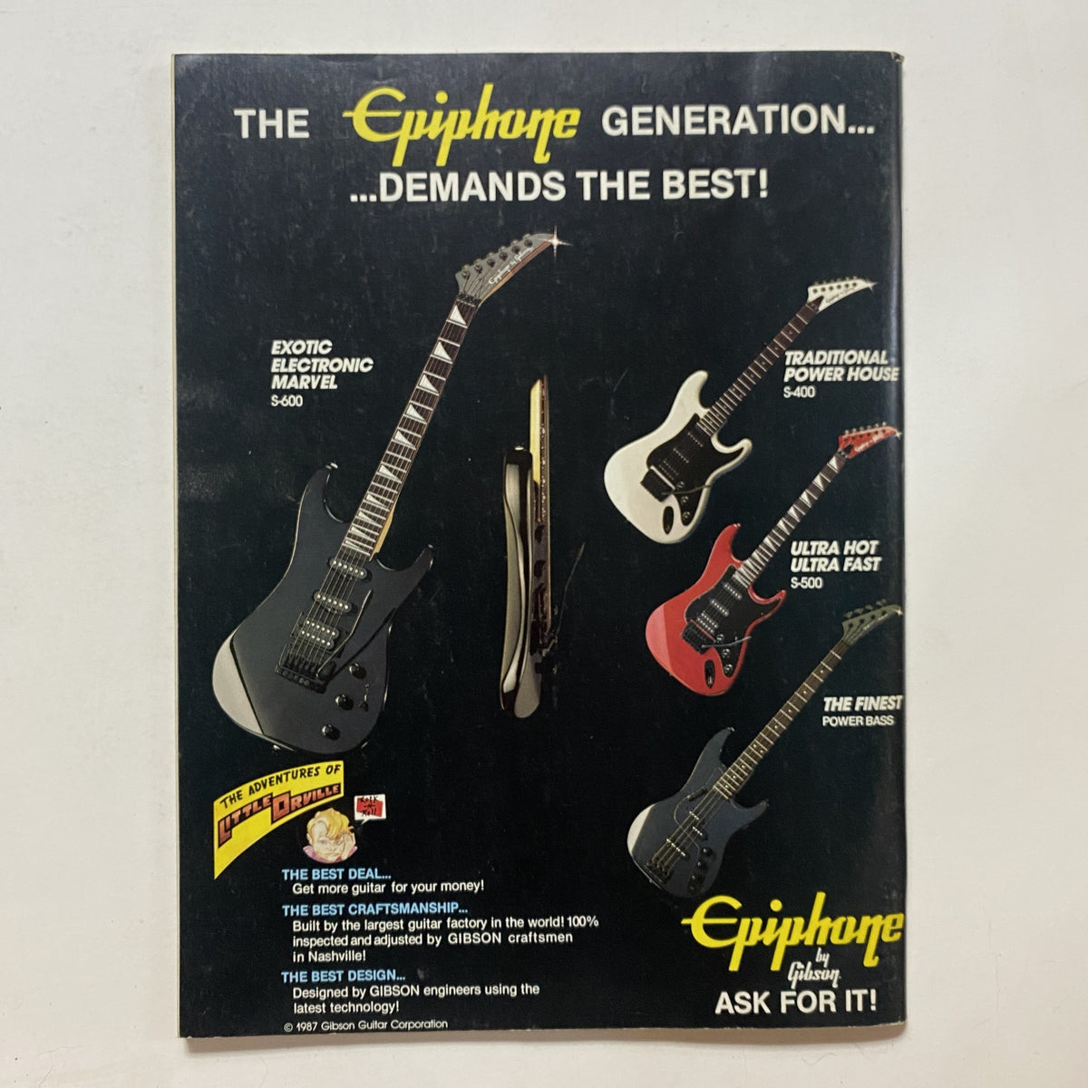 Advertisement for Epiphone guitars showcasing five different models, including the Exotic Electronic Marvel, Traditional Power House, Ultra Hot Ultra Fast, and The Finest Power Bass. The ad emphasizes craftsmanship and quality, as featured in the Guitar for the Practicing Musician Magazine November 1987 Mötley Crüe w Poster.