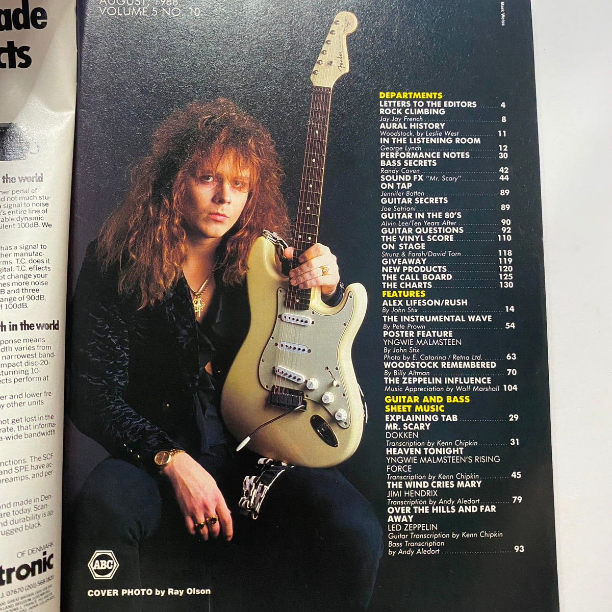 Interior page of the Guitar for the Practicing Musician Magazine August 1988 featuring a musician with a guitar and a detailed table of contents highlighting key articles.