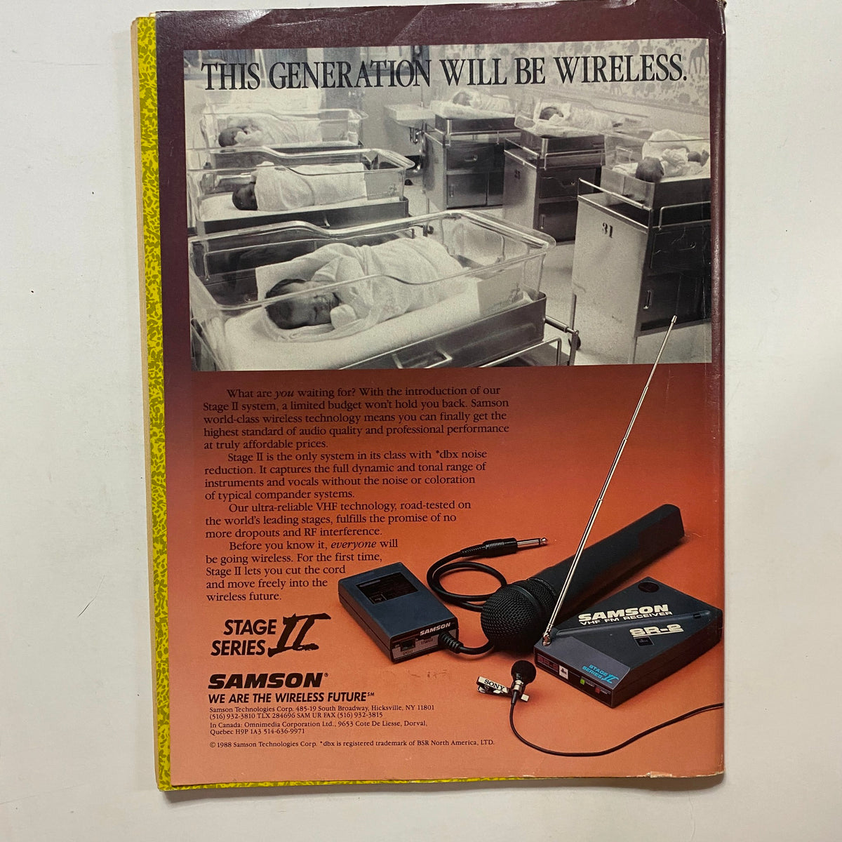 Back cover of Guitar for the Practicing Musician Magazine August 1988 advertising Samson wireless technology, promoting new audio innovations for musicians.