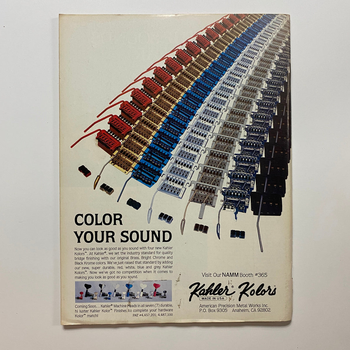 Back cover of the Guitar for the Practicing Musician Magazine May 1987 featuring an advertisement for Kahler guitar accessories, emphasizing the variety of colors available.