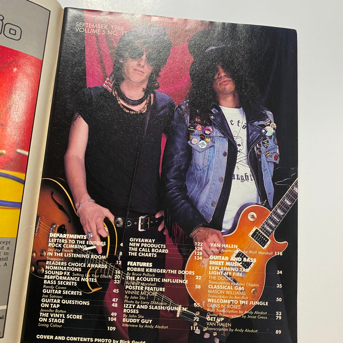 Cover page of Guitar for the Practicing Musician Magazine September 1988 featuring two musicians including Slash, showcasing an inside view of the magazine's content.