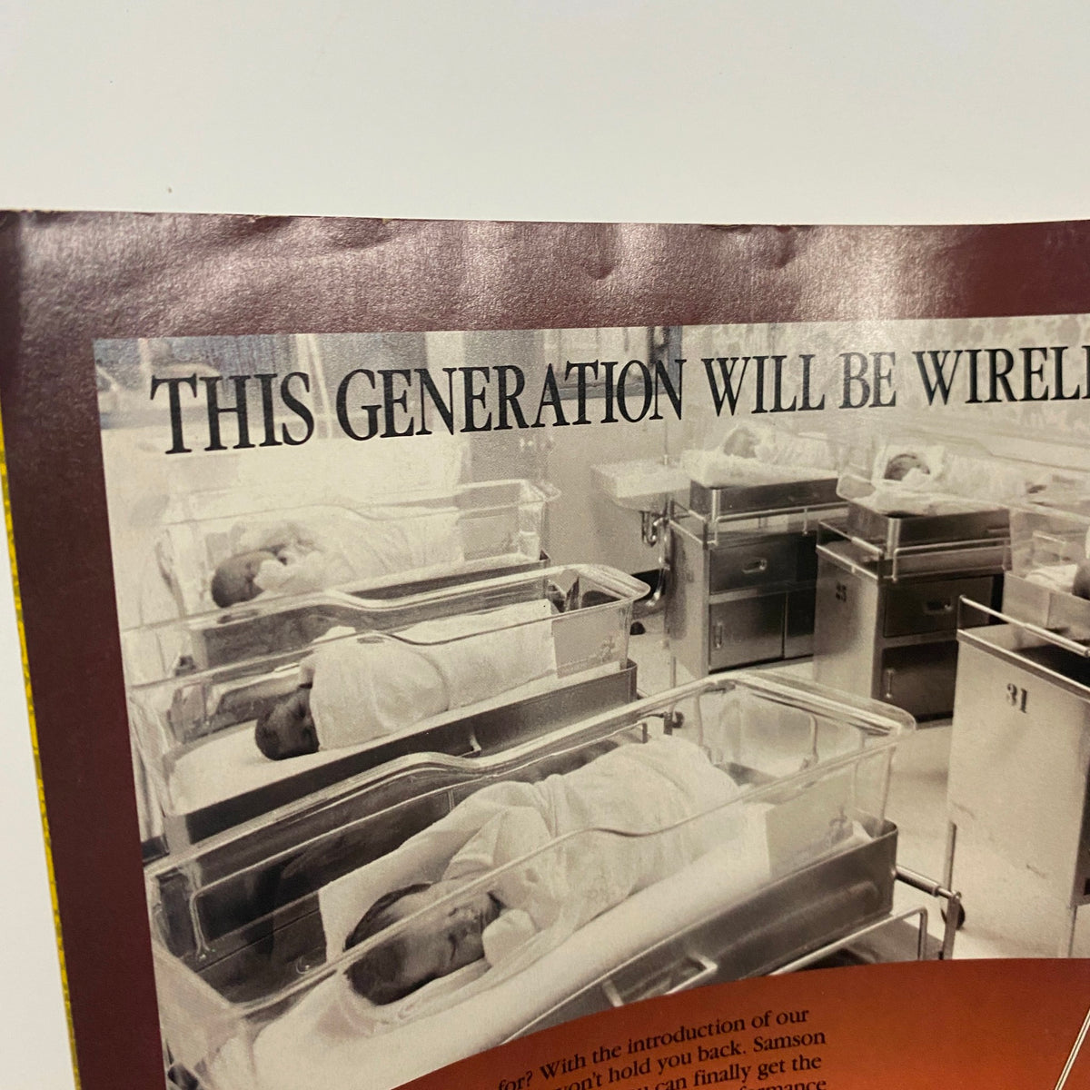 Detailed view of an advertisement in Guitar for the Practicing Musician Magazine September 1988 highlighting Samson's wireless technology with a black and white photo of newborns in cribs.