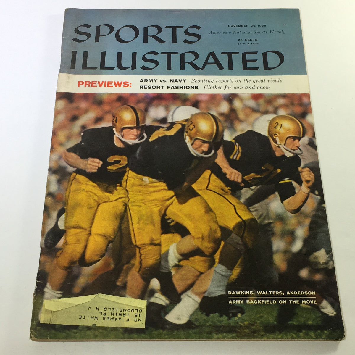 Vintage Sports Illustrated Magazine cover from November 24, 1958, featuring Dawkins, Walters, and Anderson, showcasing a football scene with players in action.