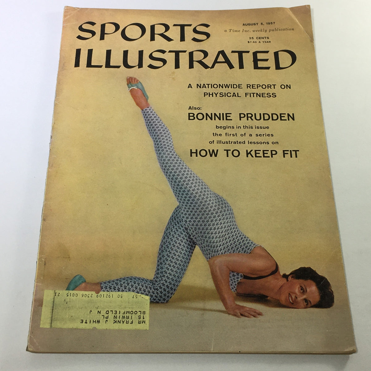 Cover of Sports Illustrated Magazine August 5, 1957 featuring Bonnie Pruden demonstrating fitness techniques.