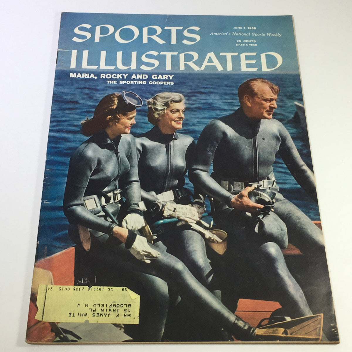 Cover of the Sports Illustrated Magazine dated June 1, 1959, featuring Maria, Rocky, and Gary Coopers in aquatic suits, highlighting vintage sports and celebrity culture.