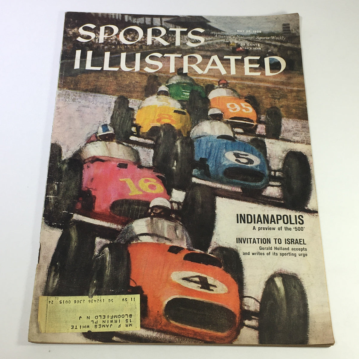 VTG Sports Illustrated Magazine cover from May 25, 1959, featuring colorful racing cars in action for the Indianapolis '500' event. This vintage publication showcases the thrill of motorsports and captures the essence of racing culture in the late 1950s.
