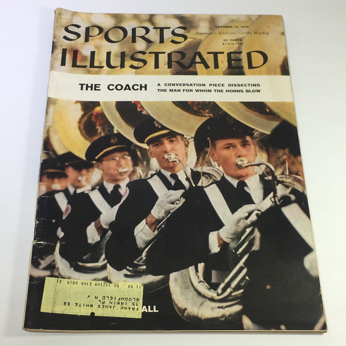 Cover of Sports Illustrated magazine from October 13, 1958, featuring an iconic image related to Ohio State Football and its coach. The magazine highlights a band performance with musicians dressed in uniforms, showcasing the vibrant atmosphere of college football events.
