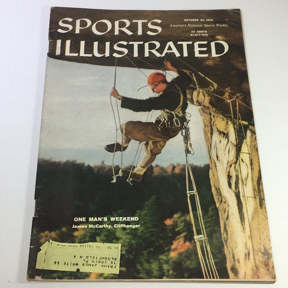 Sports Illustrated Magazine from October 20, 1958 featuring James McCarthy in a cliffhanger narrative, showcasing dynamic sports culture of the late 1950s, vintage magazine collectible.