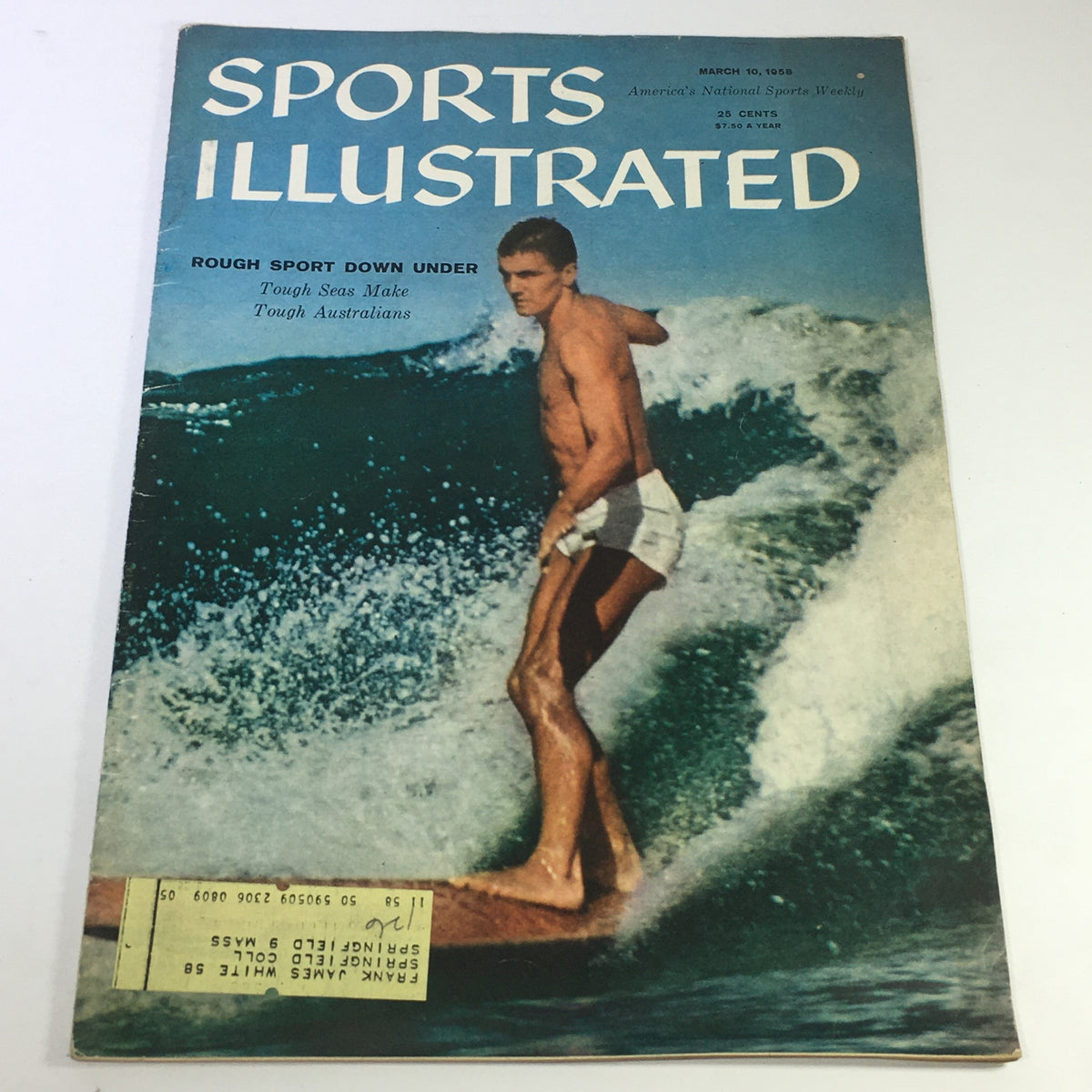 Cover of Sports Illustrated Magazine, March 10, 1958, featuring a surfer riding a wave in Australia, showcasing the surfing culture and lifestyle of the late 1950s.
