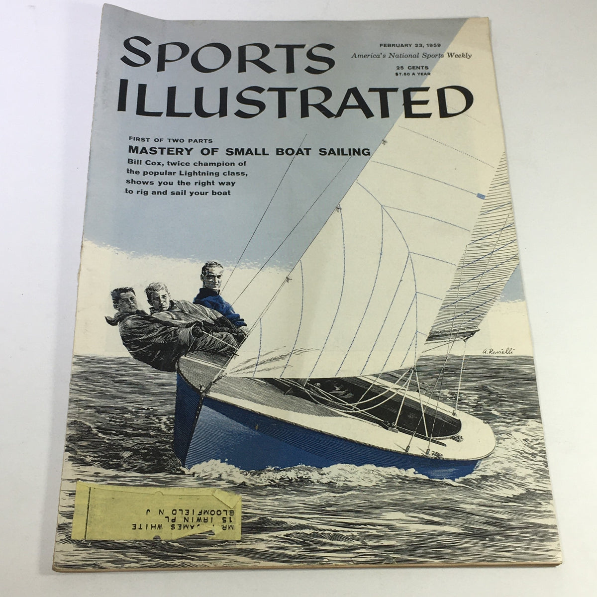 Cover of VTG Sports Illustrated Magazine February 23 1959 featuring the article 'Mastery of Small Boat Sailing'. The illustrated cover showcases a small sailing boat with three men adjusting the sails on a body of water.