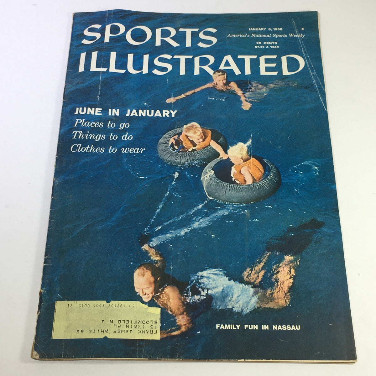 Cover of the Sports Illustrated Magazine from January 6, 1958, featuring the theme 'Family Fun in Nassau' with images of people enjoying water activities.