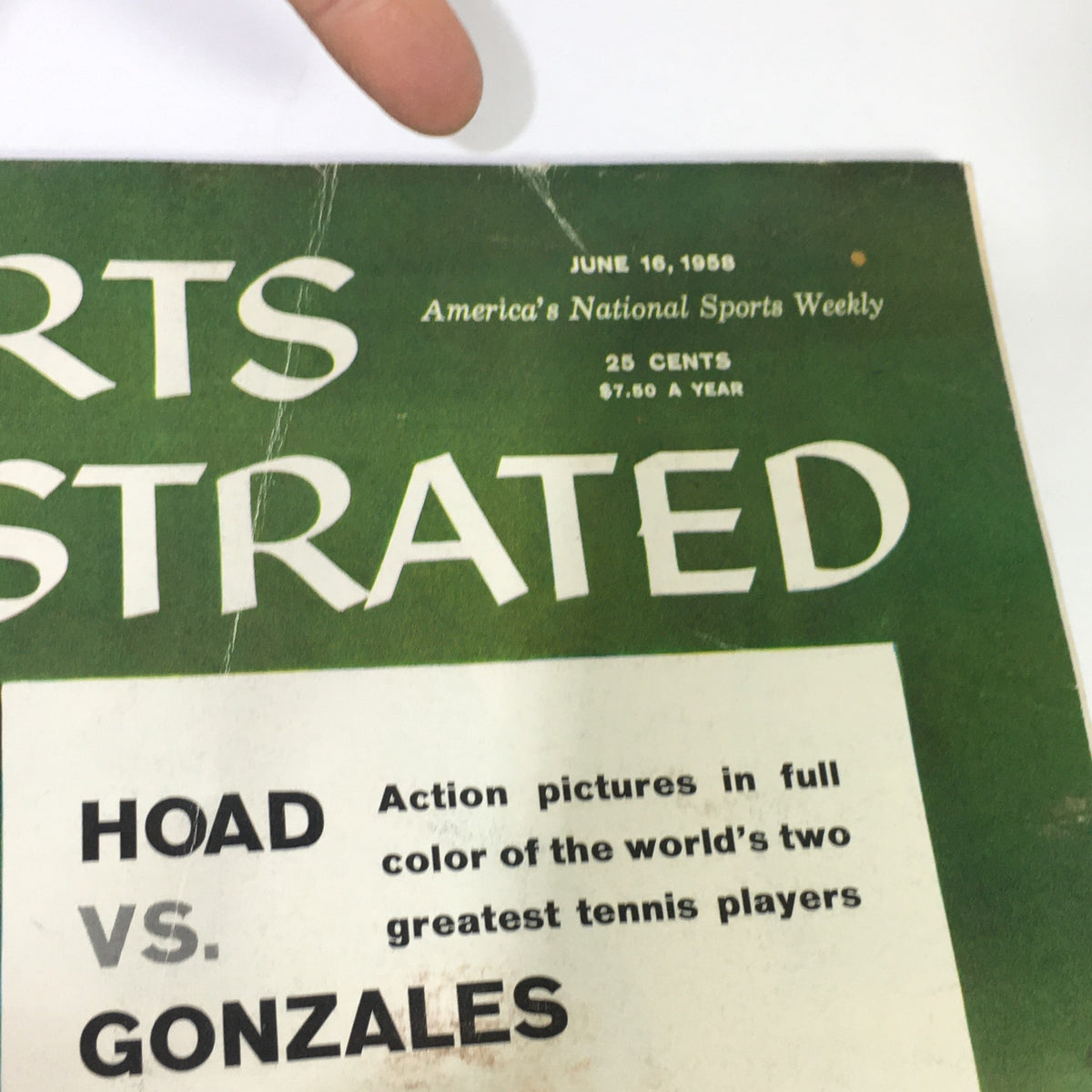 Cover of Sports Illustrated Magazine June 16 1958 featuring Lew Hoad vs Pancho Gonzales with a green background and action taglines.