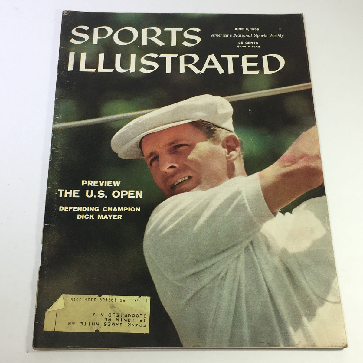 Vintage Sports Illustrated magazine cover from June 9, 1958, featuring defending champion Dick Mayer, showcasing a golf theme with a prominent image of Mayer during a swing.