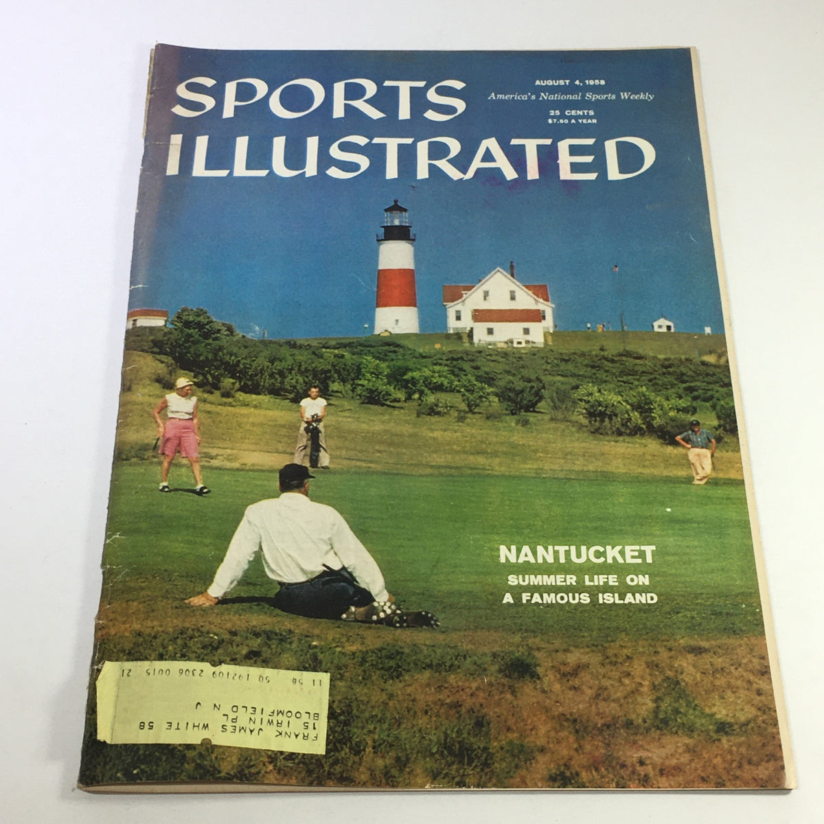 Cover of Sports Illustrated magazine dated August 4, 1958, featuring Nantucket with illustrations of people engaged in summer activities, showcasing the famous island's charm.
