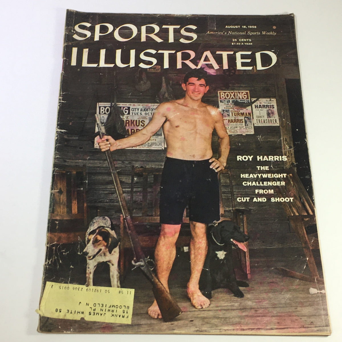 Cover of Sports Illustrated Magazine dated August 18, 1958 featuring Roy Harris, heavyweight challenger, standing in a casual pose with a rifle in a rustic setting.
