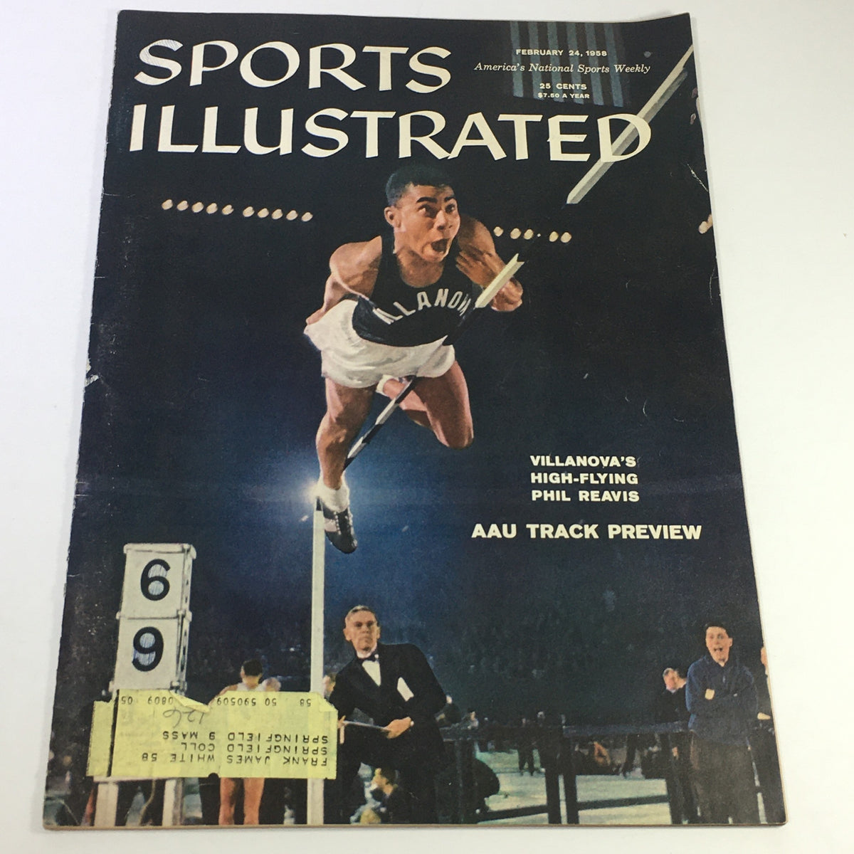 Cover of Sports Illustrated magazine dated February 24, 1958, featuring Villanova's Phil Reavis in action, highlighting his athletic prowess and the AAU track preview. A vintage collectible for sports enthusiasts.