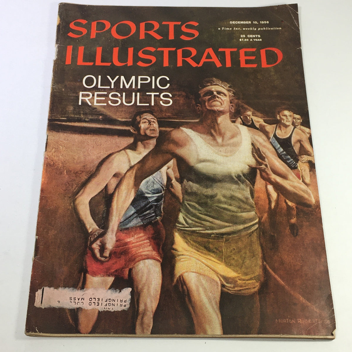 Vintage Sports Illustrated Magazine December 10 1956 cover featuring artwork by Morton Roberts, showcasing Olympic results with runners in motion.