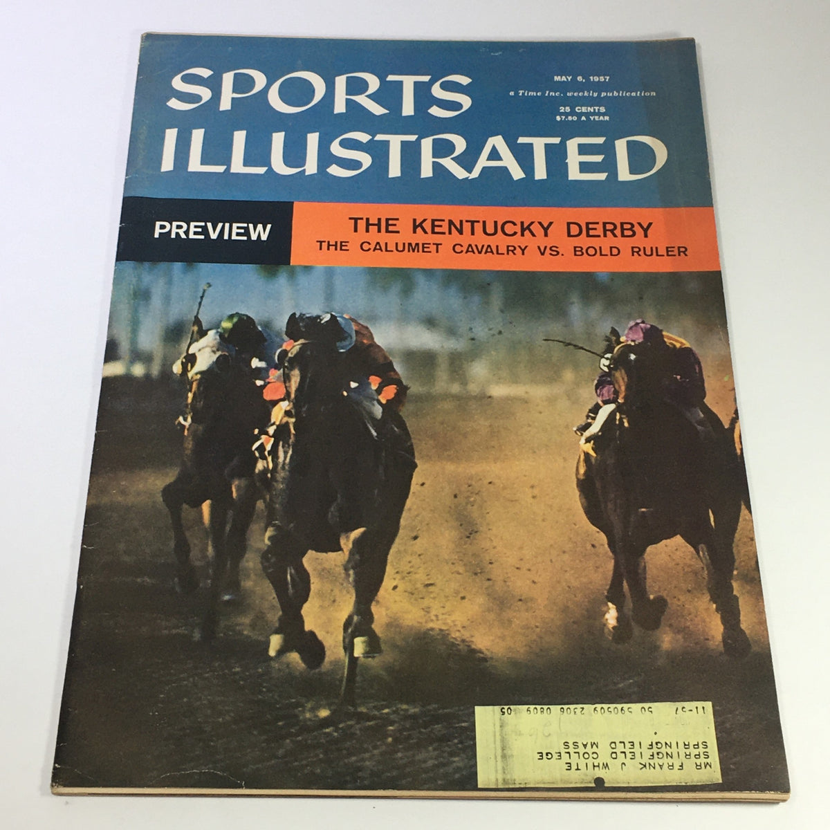 Cover of Sports Illustrated Magazine from May 6, 1957, featuring the Kentucky Derby preview, highlighting the race between Calumet Cavalry and Bold Ruler.