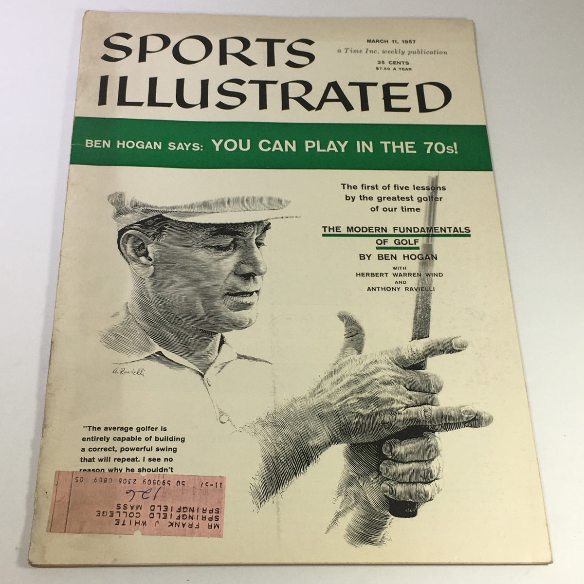 VTG Sports Illustrated Magazine March 11 1957 featuring Ben Hogan on the cover. The magazine highlights Hogan's golfing techniques and includes an illustration of him holding a golf club.