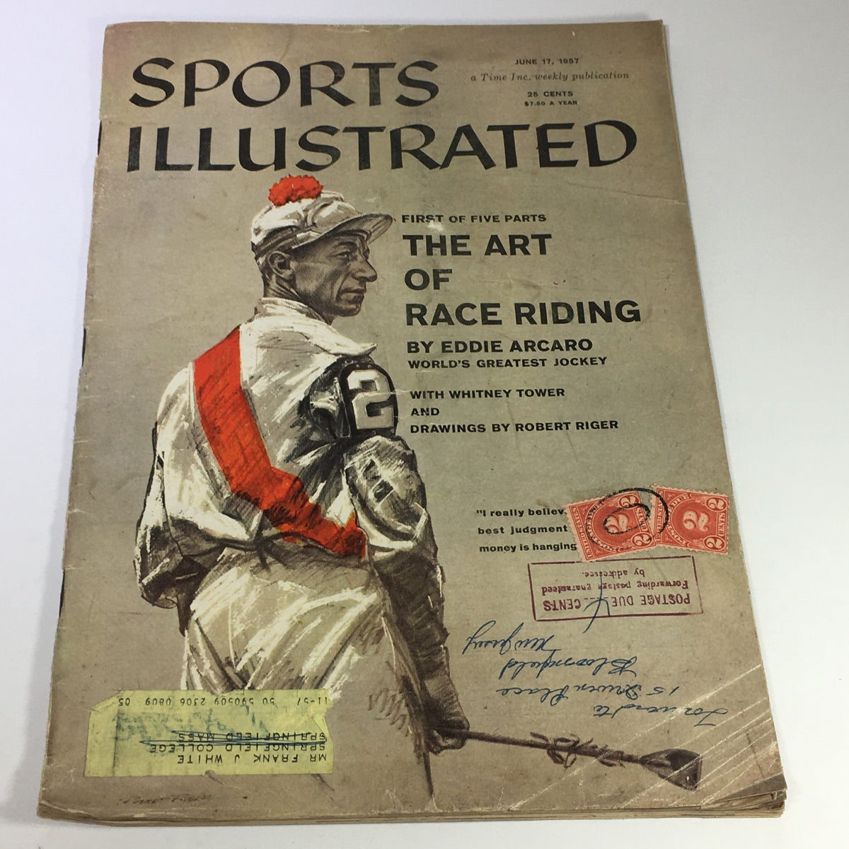 Cover of the VTG Sports Illustrated Magazine from June 17, 1957 featuring the title 'The Art of Race Riding by Eddie Arcaro'. The magazine displays a vintage illustration of a jockey in racing attire, symbolizing a significant moment in sports history.