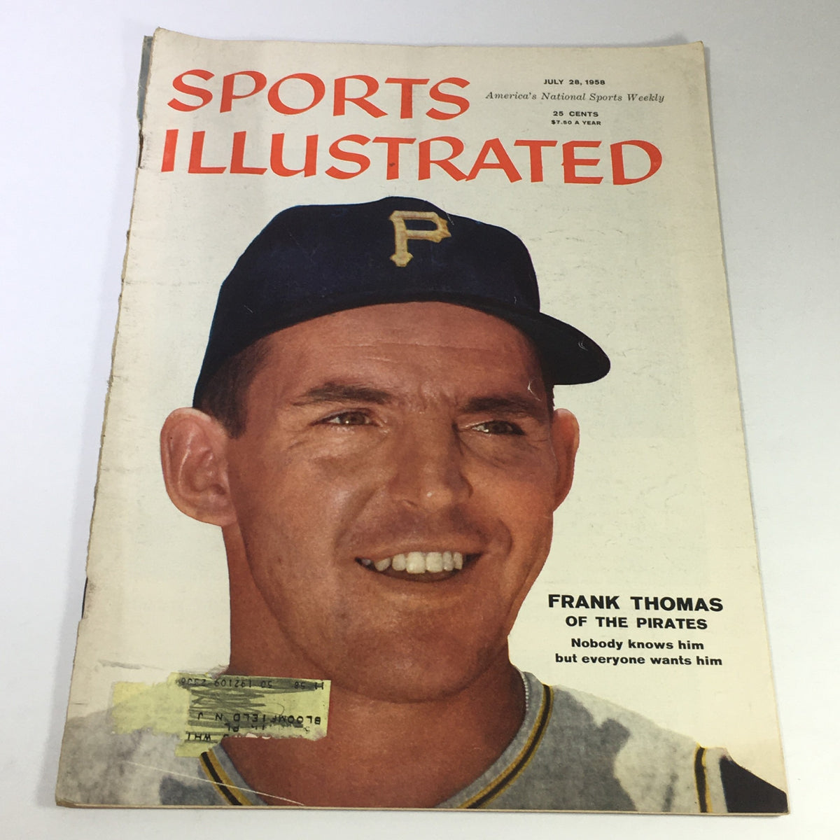 Vintage Sports Illustrated Magazine July 28 1958 featuring Frank Thomas of the Pirates on the cover. This collectible magazine showcases a colorful portrait of the baseball legend.