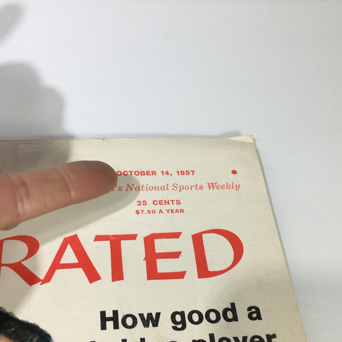 Detailed view of the upper portion of the Sports Illustrated magazine from October 14, 1957, indicating its price and publication date while maintaining the essence of vintage sports media.