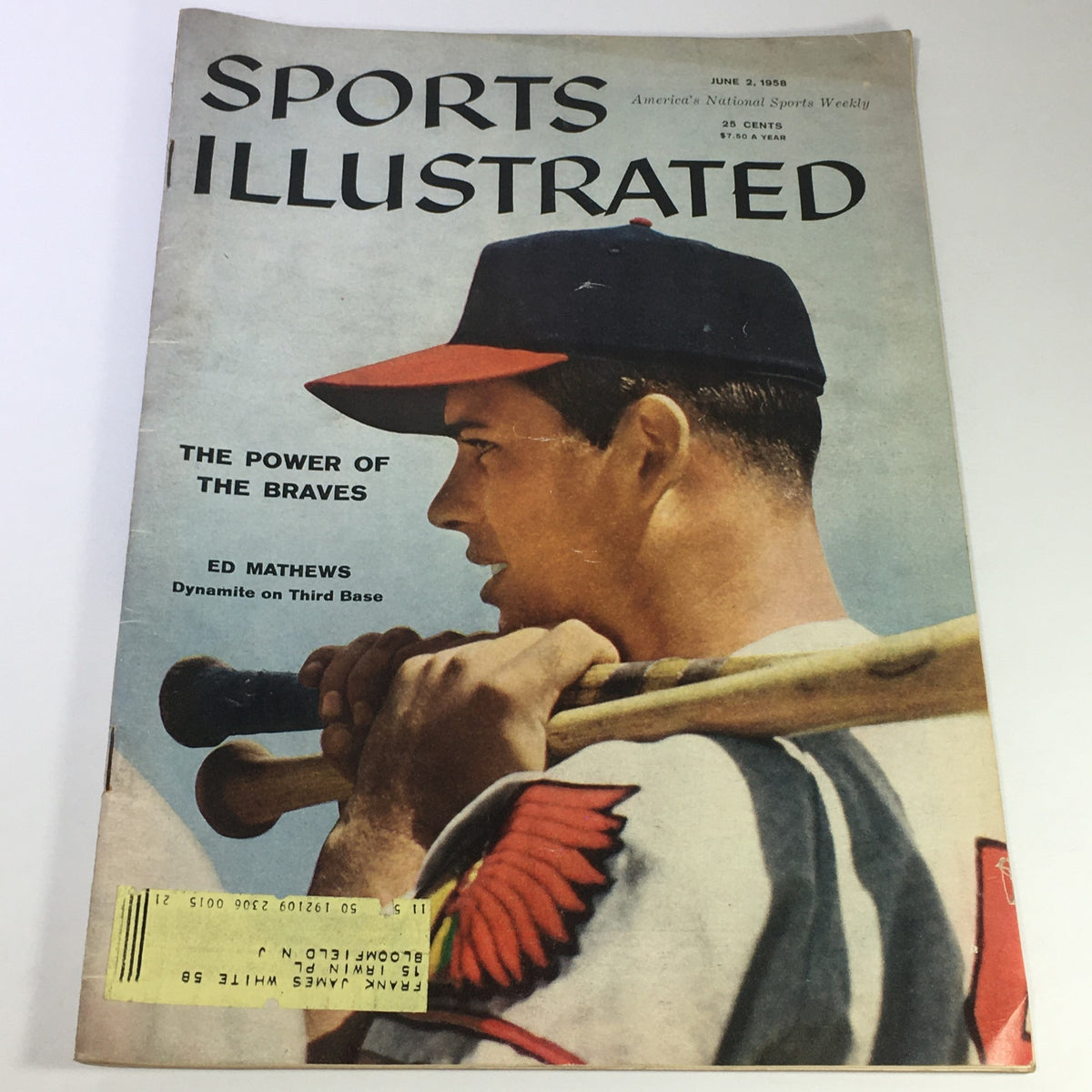 Cover of VTG Sports Illustrated Magazine June 2 1958 featuring Ed Mathews, dubbed 'Dynamite on 3rd Base', showcasing a baseball player with a bat and a focus on the power of the Braves.