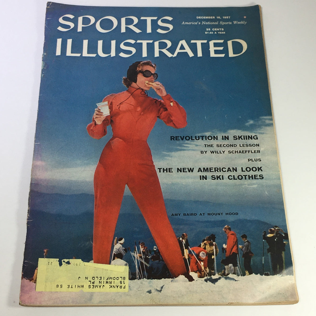 Vintage Sports Illustrated Magazine from December 16, 1957 featuring Amy Baird at Mount Hood, showcasing winter sports fashion and culture.