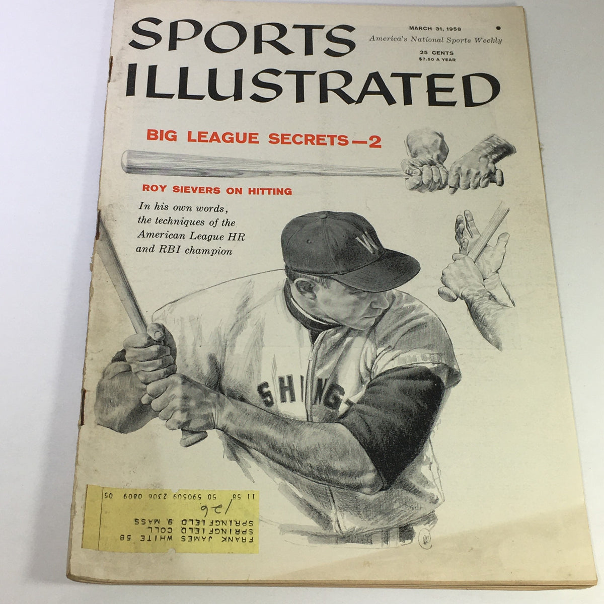Vintage Sports Illustrated magazine from March 31, 1958 featuring Roy Sievers on hitting, showcasing a classic cover with artwork of a baseball player and the words 'Big League Secrets - 2'.