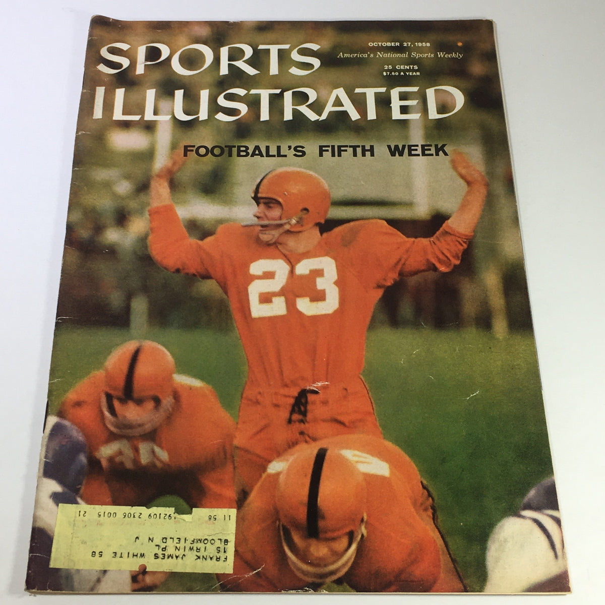 Cover of the Sports Illustrated magazine from October 27, 1958, titled 'Football's Fifth Week', featuring a football player in an orange uniform, showcasing the excitement of the 1958 NFL season.