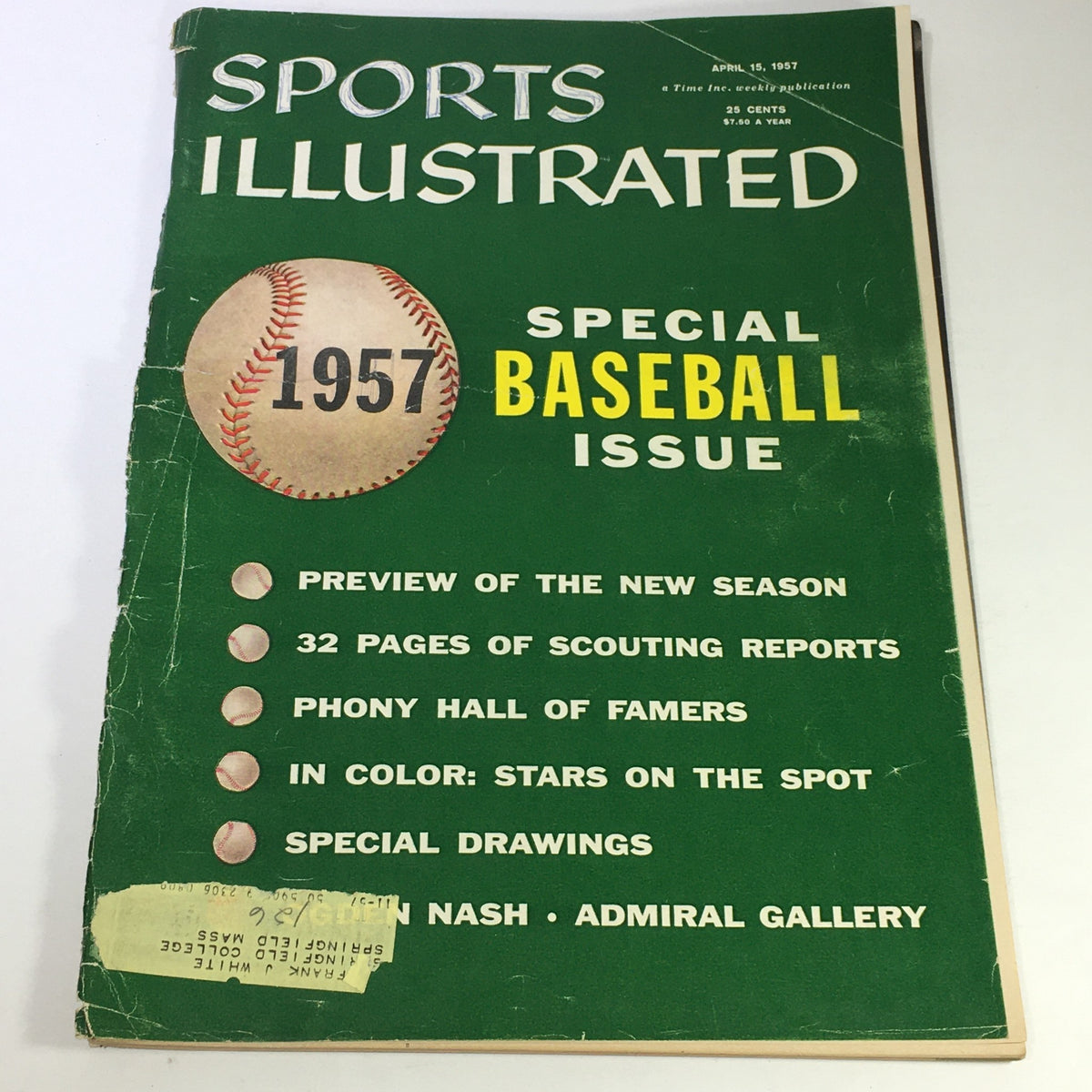 Cover of the VTG Sports Illustrated Magazine April 15 1957 - Special Baseball Issue, showcasing a baseball and details about the content including previews of the season, scouting reports, and more.