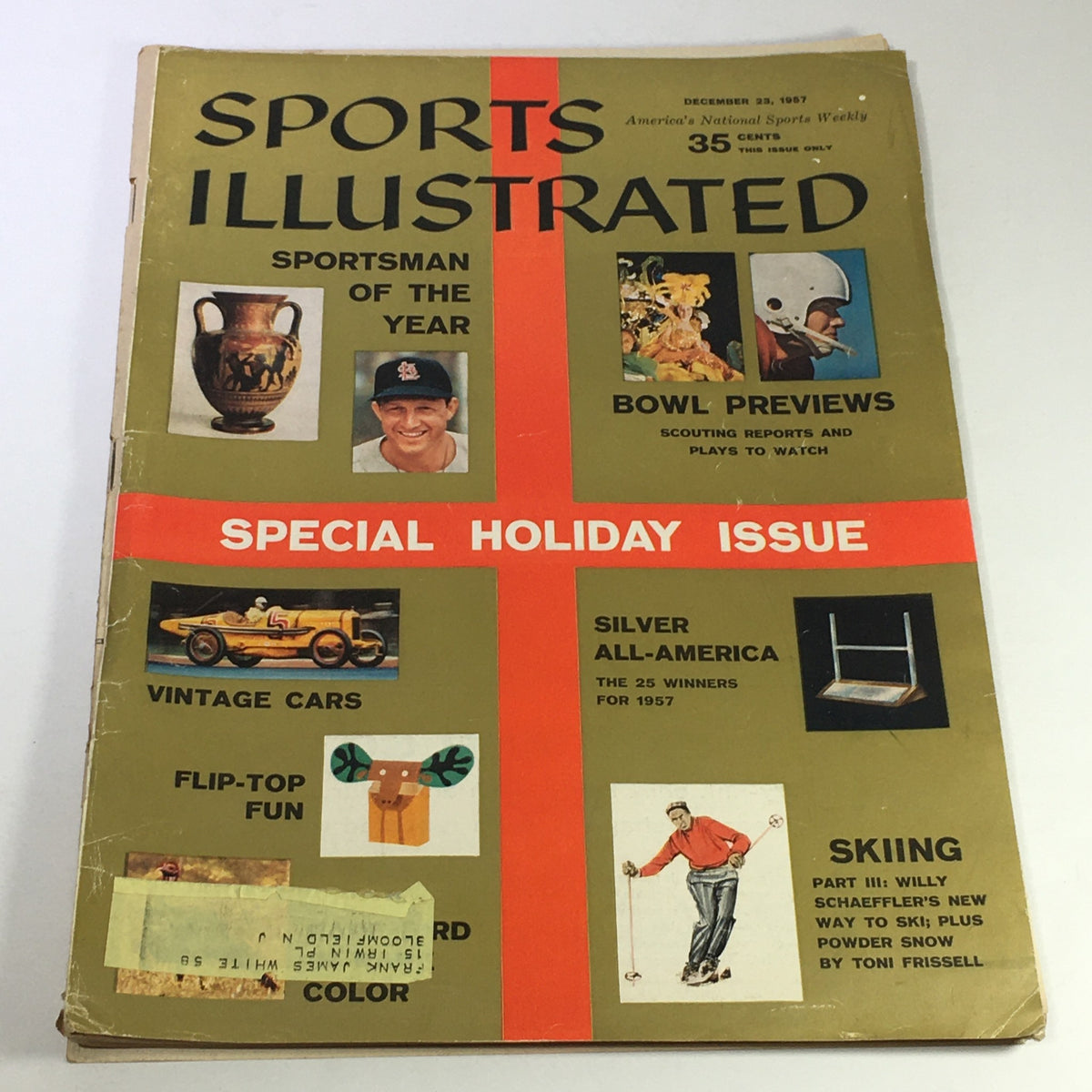 Cover of the VTG Sports Illustrated Magazine from December 23, 1957, featuring the headline 'Sportsman of the Year' and celebrating the special holiday issue with colorful graphics and vintage illustrations.