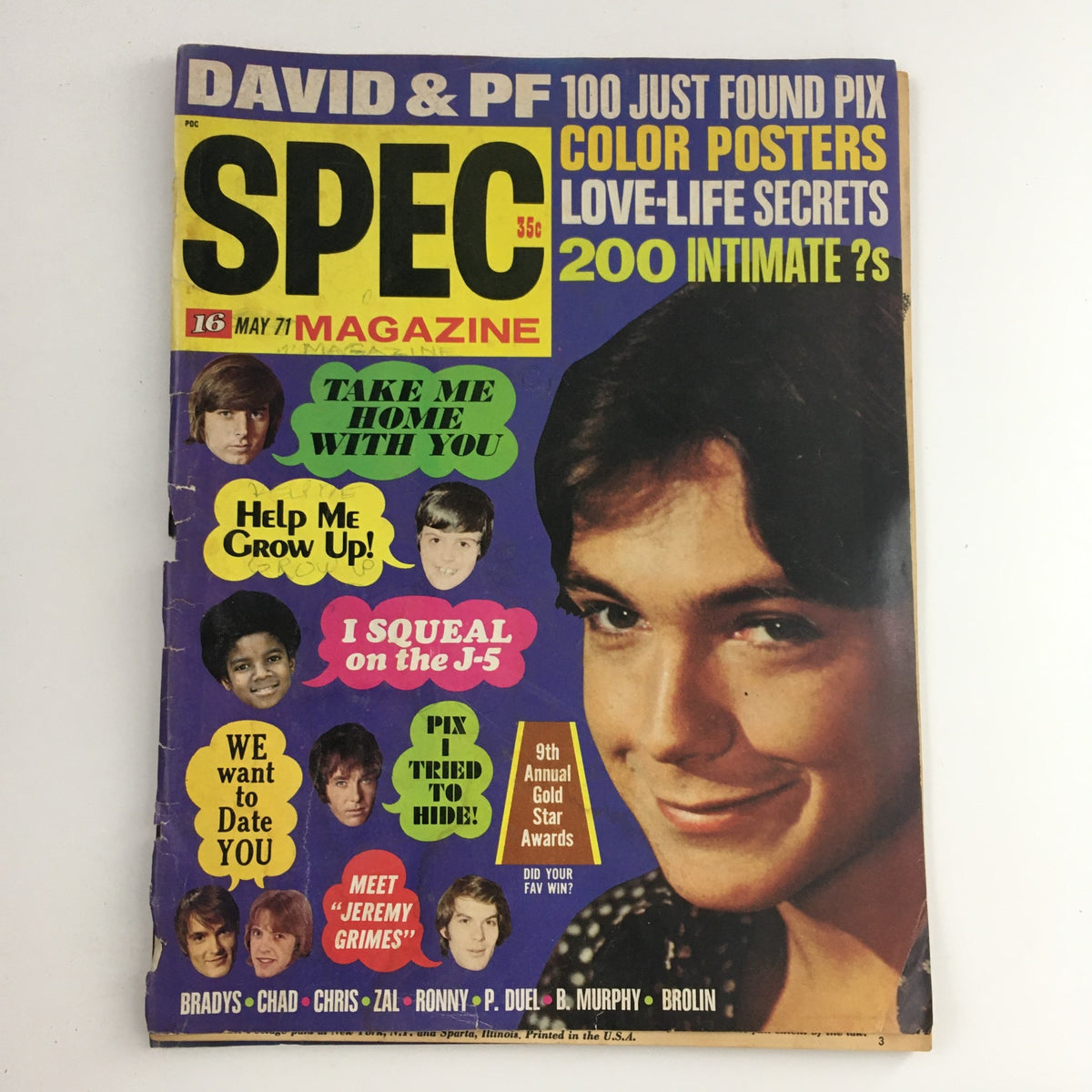 Cover of 16 Spec Magazine from May 1971 featuring pop culture icons David Cassidy, Bobby Sherman, and Donny Osmond with colorful graphics and vintage design.