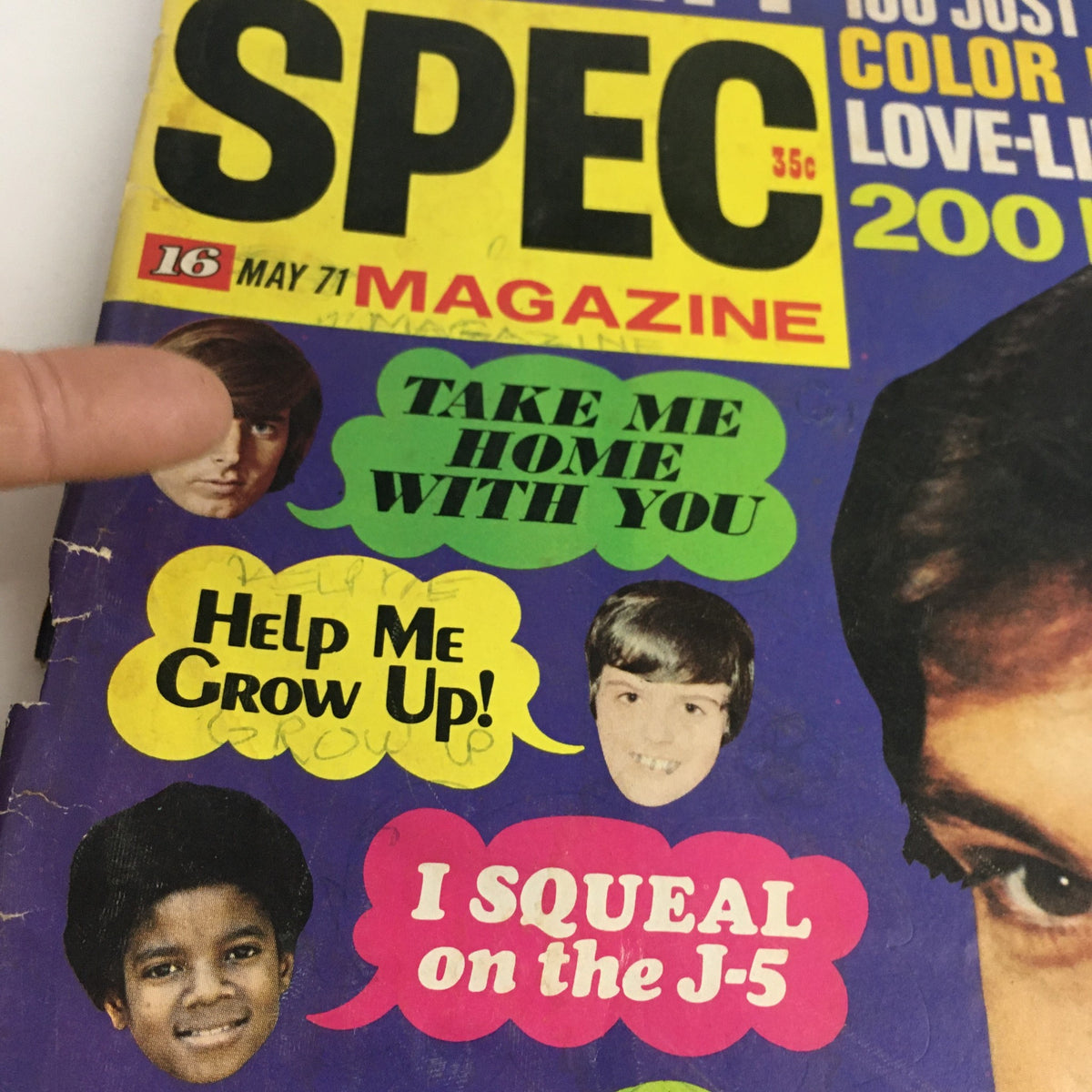 Cover of 16 Spec Magazine May 1971 featuring David Cassidy, Bobby Sherman, and Donny Osmond with colorful speech bubbles reading 'Take Me Home With You', 'Help Me Grow Up!', and 'I SQUEAL on the J-5'. This vintage magazine captures the essence of early '70s pop culture.