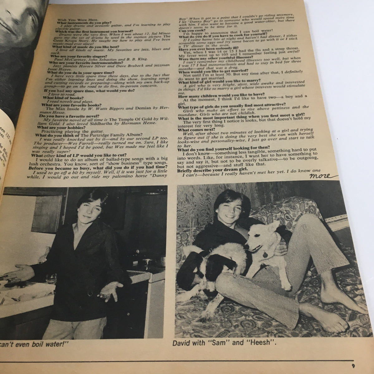 Another interior page from 16 Spec Magazine May 1971 showcasing David Cassidy with dogs, discussing his hobbies and personal interests, enriching the nostalgic value of the magazine.