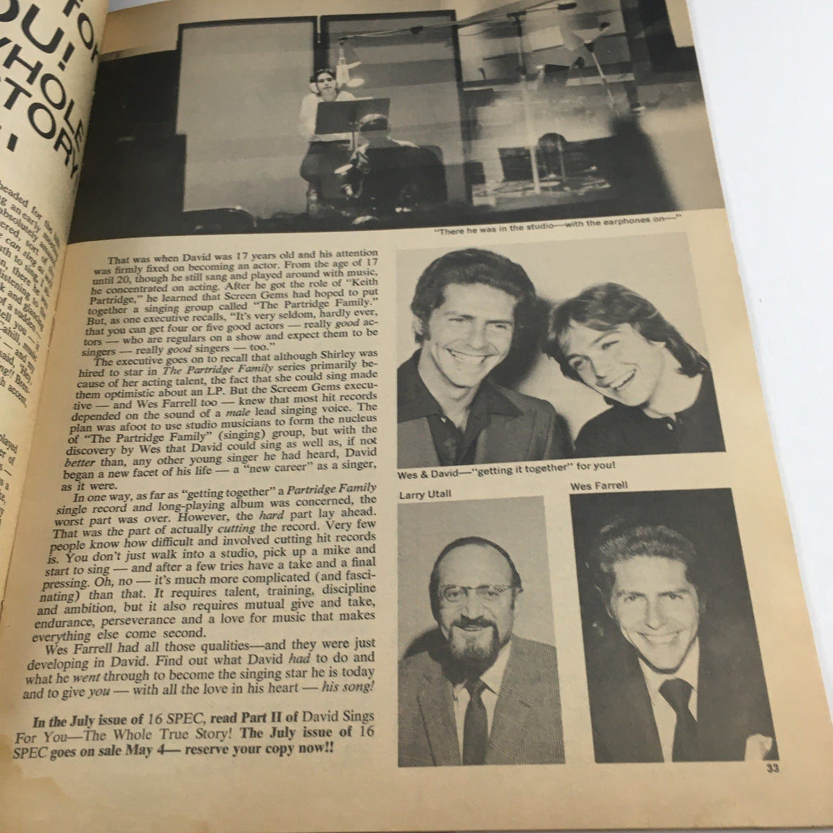 Image from the 16 Spec Magazine May 1971 highlighting David Cassidy during his early career as an actor, showcasing a behind-the-scenes moment in the studio while recording music.