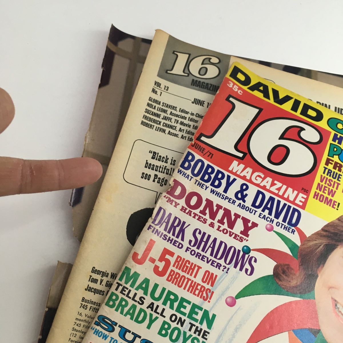 The inside cover of 16 Magazine June 1971 displaying the magazine's title and a sneak peek of featured content, including a section about Bobby Sherman and David Cassidy.