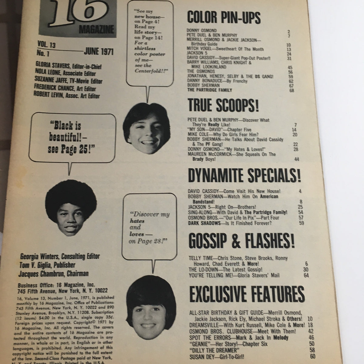 Table of contents from 16 Magazine June 1971 highlighting articles and sections featuring Donny Osmond, David Cassidy, and other popular stars of the era.