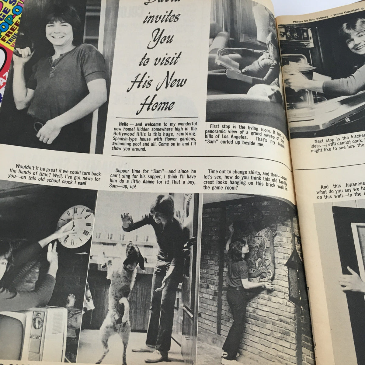 Article page from 16 Magazine June 1971 depicting David Cassidy inviting readers into his home, with images showcasing a living room and personal moments.