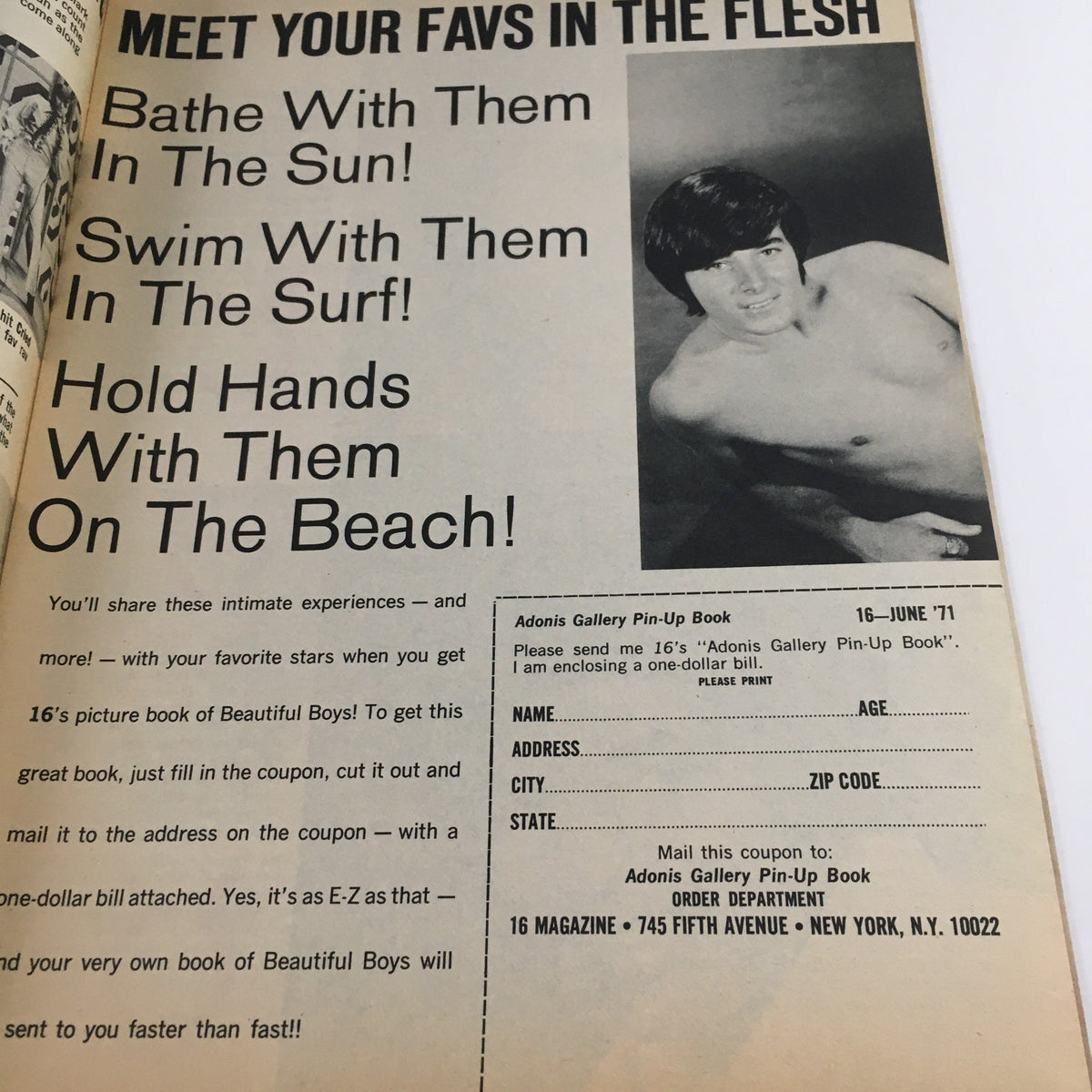 Inside page of 16 Magazine June 1971, featuring an advertisement for Adonis Gallery Pin-Up Book with an image of a male model. Featuring the title 'MEET YOUR FAVS IN THE FLESH'.