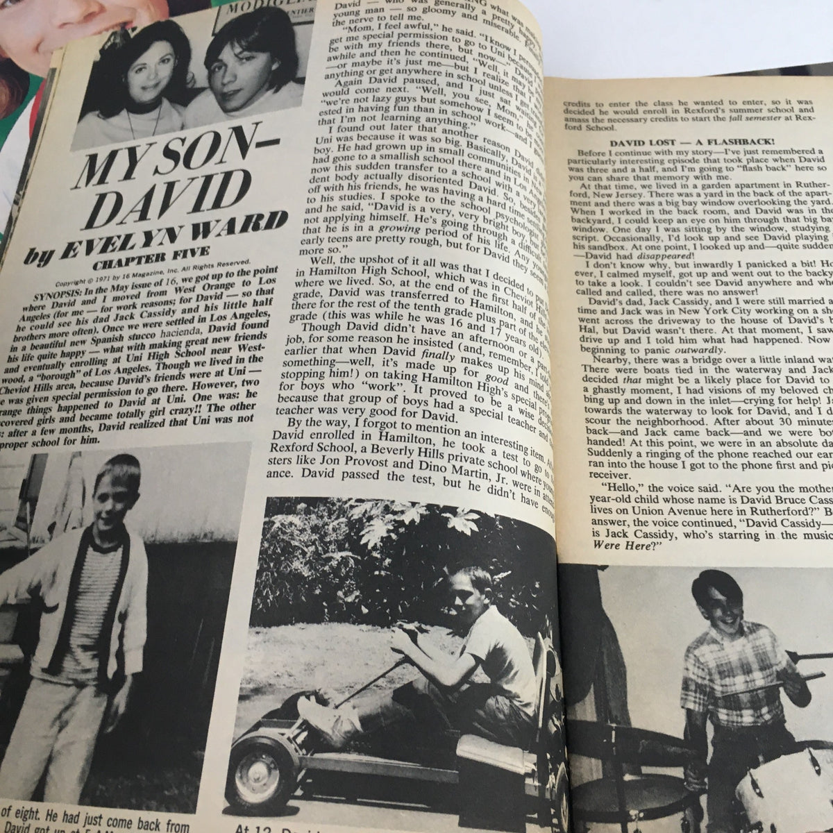 Page from 16 Magazine June 1971 titled 'MY SON-DAVID' by Evelyn Ward, highlighting David Cassidy's childhood and early life experiences.