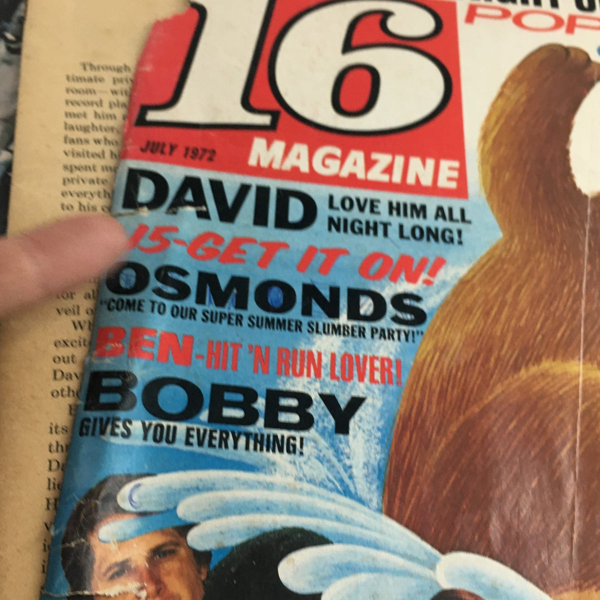 Close-up of the 16 Magazine July 1972 cover showcasing David Cassidy and The Osmonds. Emphasizes nostalgic pop culture from the early 70s.