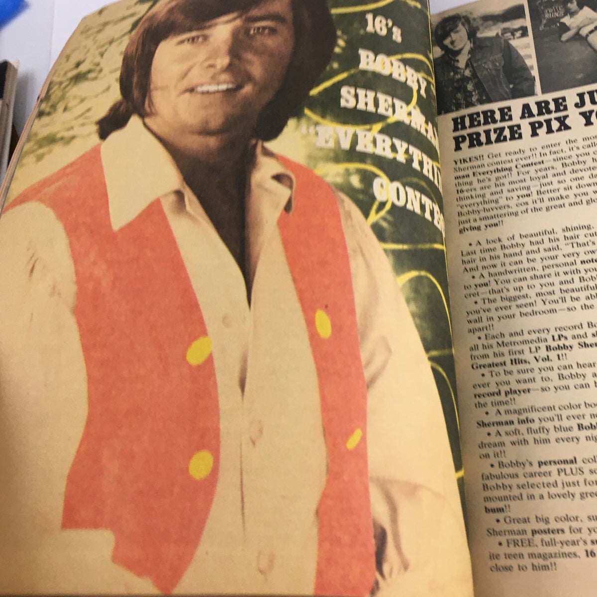 Page featuring Bobby Sherman in 16 Magazine July 1972, highlighting his career and fan interactions. The vintage aesthetic reflects the magazine's design style.