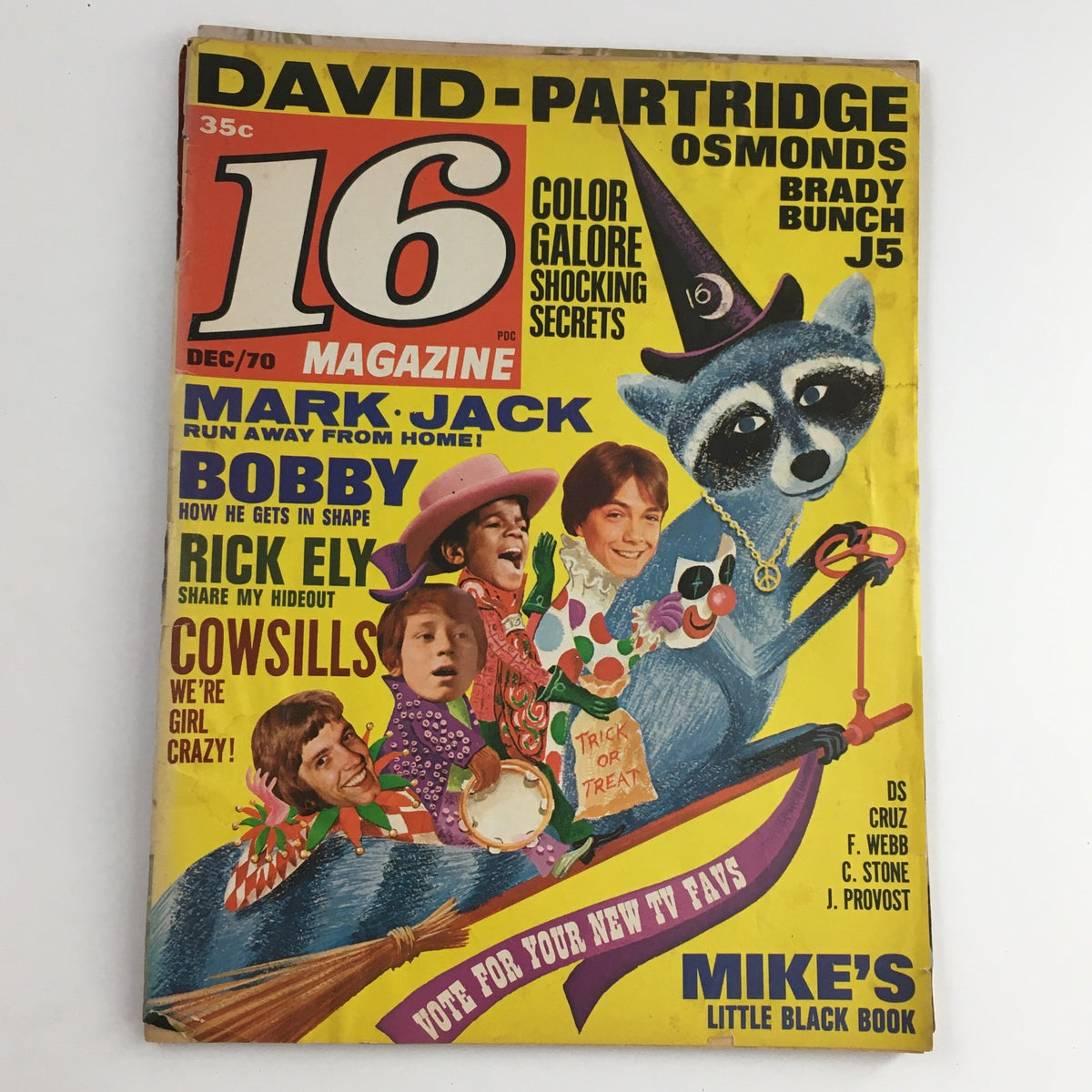 Cover of the 16 Magazine December 1970 featuring Donny, Jay, Merrill, Wayne, and Allan Osmond, showcasing vibrant colors and text highlighting various pop culture topics.
