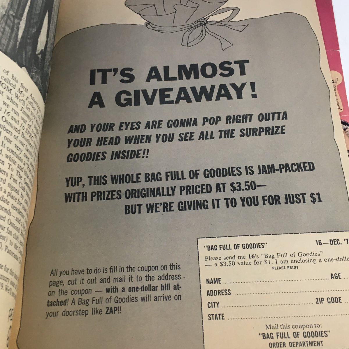 Page from 16 Magazine December 1970 featuring an advertisement for a 'Bag Full of Goodies' promotion, highlighting its contents and pricing. This magazine includes iconic figures like the Osmond brothers.