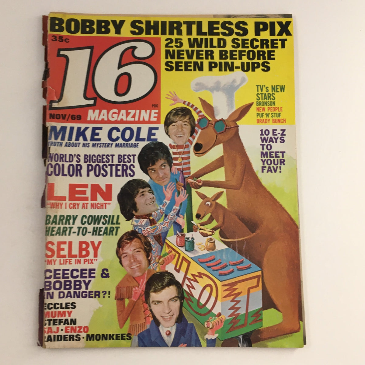 16 Magazine from November 1969 featuring Mike Cole, Bobby, CeeCee, and Barry Cowsill with a vibrant cover design highlighting popular youth culture of the era.
